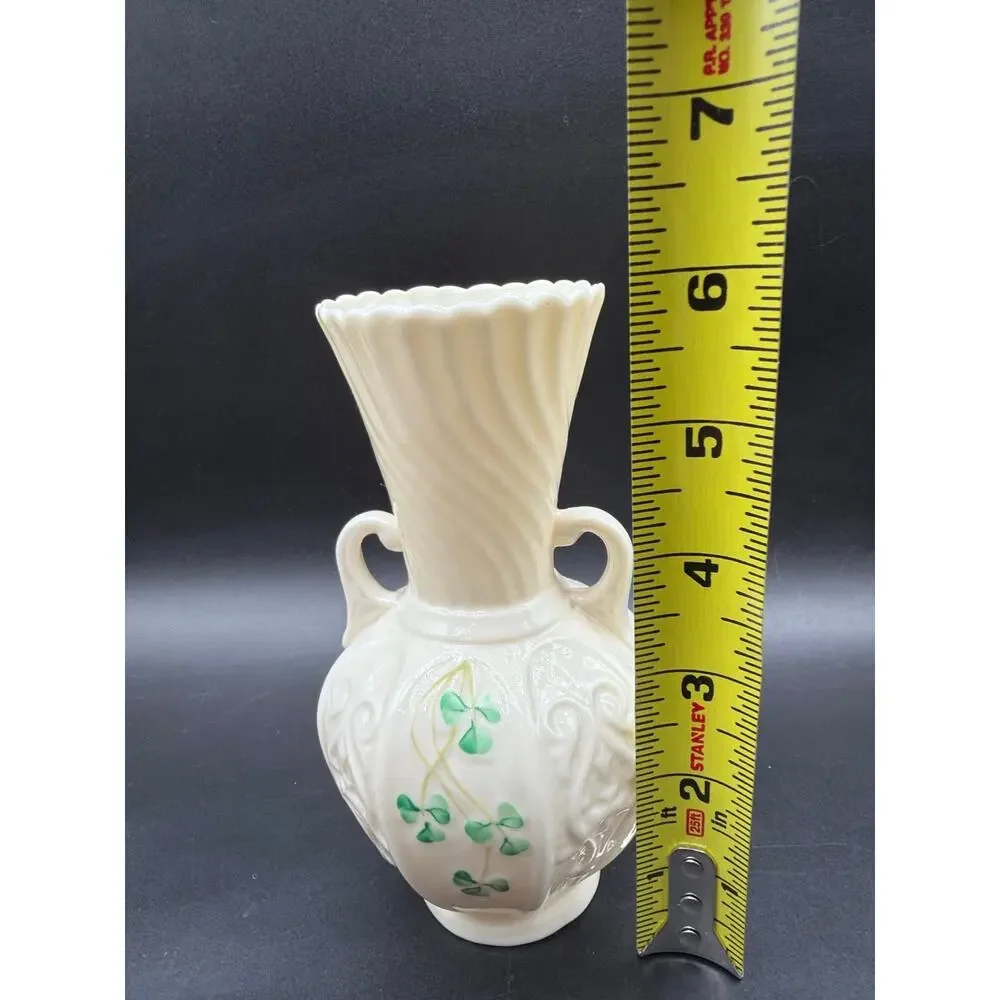 Vintage Belleek Ireland Shamrock Double Handle Vase Reg No 0857 Green Mark 6”
